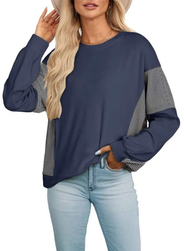Striped Color blocked Round Neck Versatile Casual Long sleeved Sweatshirt Navy Blue - Shop at LoveMi