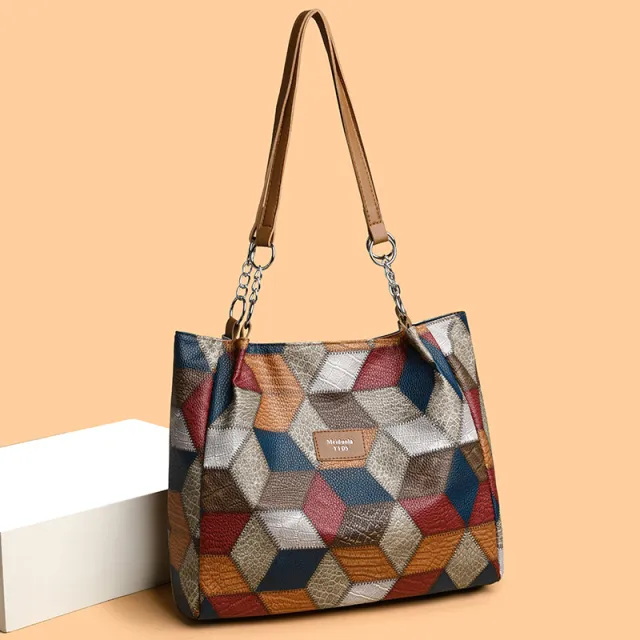 Retro Geometric Pattern Color matching Shoulder Bag Fashion Large Capacity Stitching Handbag For Women Totes Yellow - Shop at LoveMi