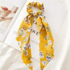 Long Women's Pinched Ponytail Ribbon Headdress Flower - Yellow Floral - View 1