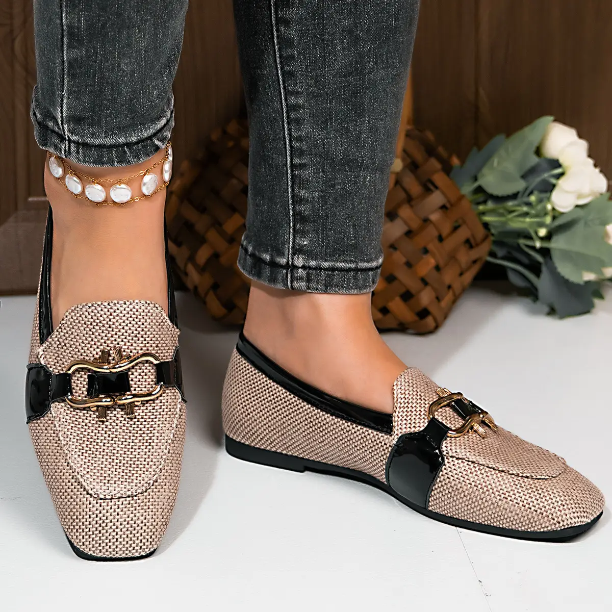 Square-toe Metal-buckle Casual Womens Shoes