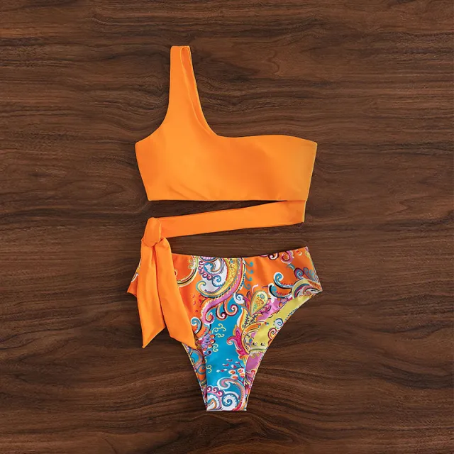 Printed Split Swimsuit Vacation Beach High Waist One Shoulder Sexy Swimsuit Orange - Shop at LoveMi