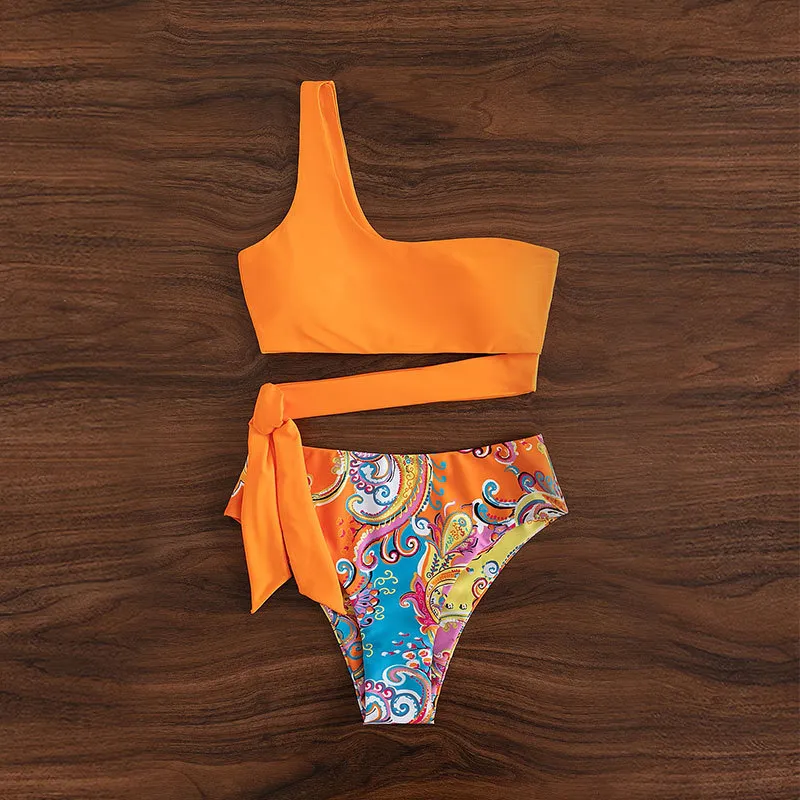 Printed Split Swimsuit Vacation Beach High Waist One Shoulder Sexy Swimsuit - Orange