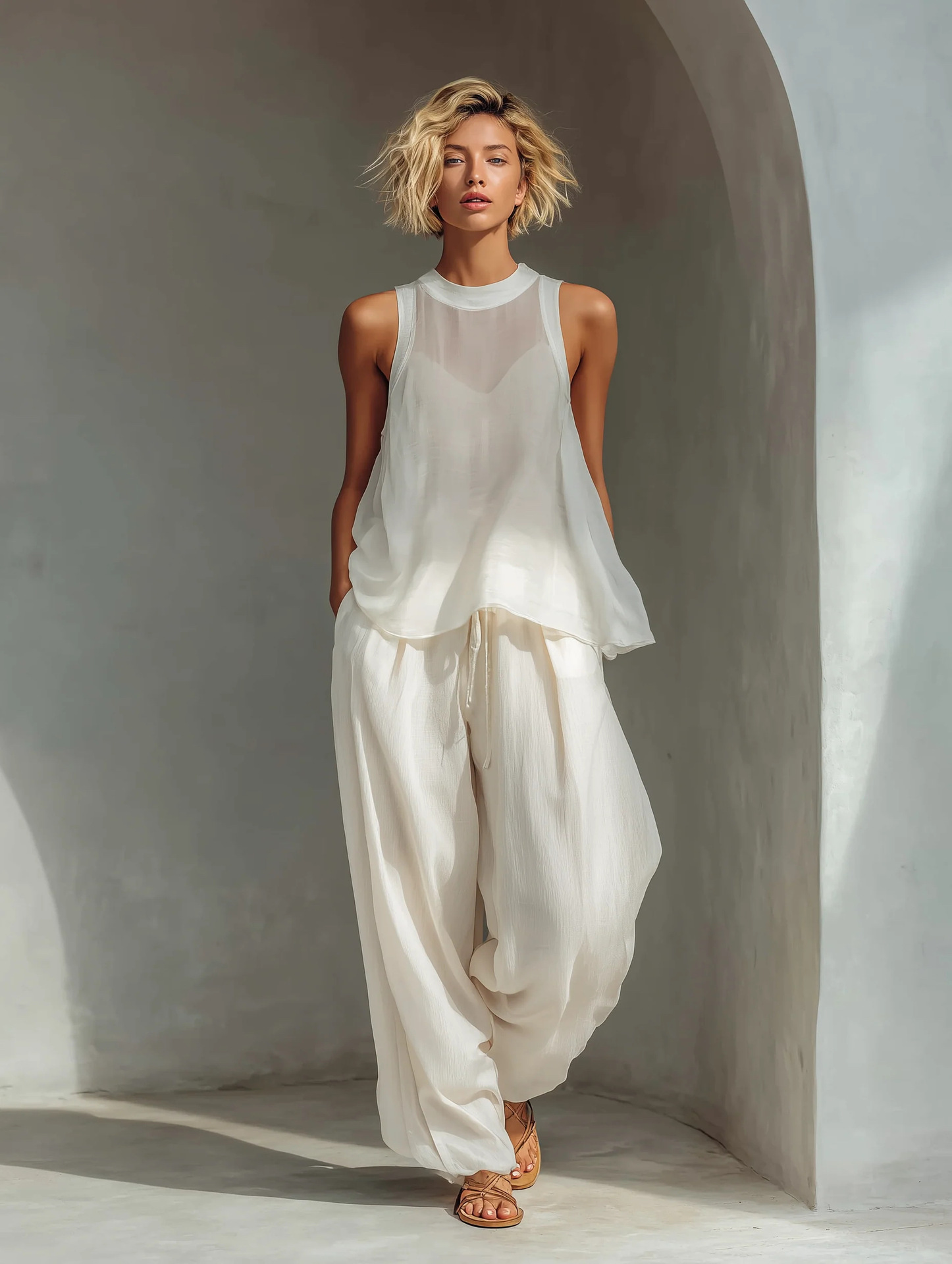 Sheer chiffon tank top and wide-leg pants set – women's boho casual two-piece summer outfit