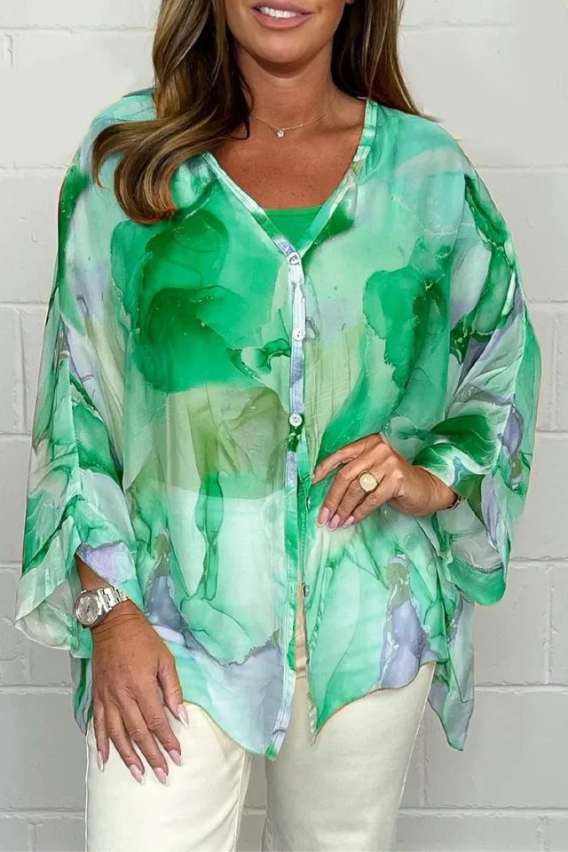 Floral Blooming Printed Chiffon Shirt Green - Shop at LoveMi