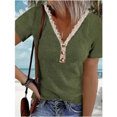 New Summer Lace V-neck T-shirt Women's European And American Short Sleeve - Olive - View 1