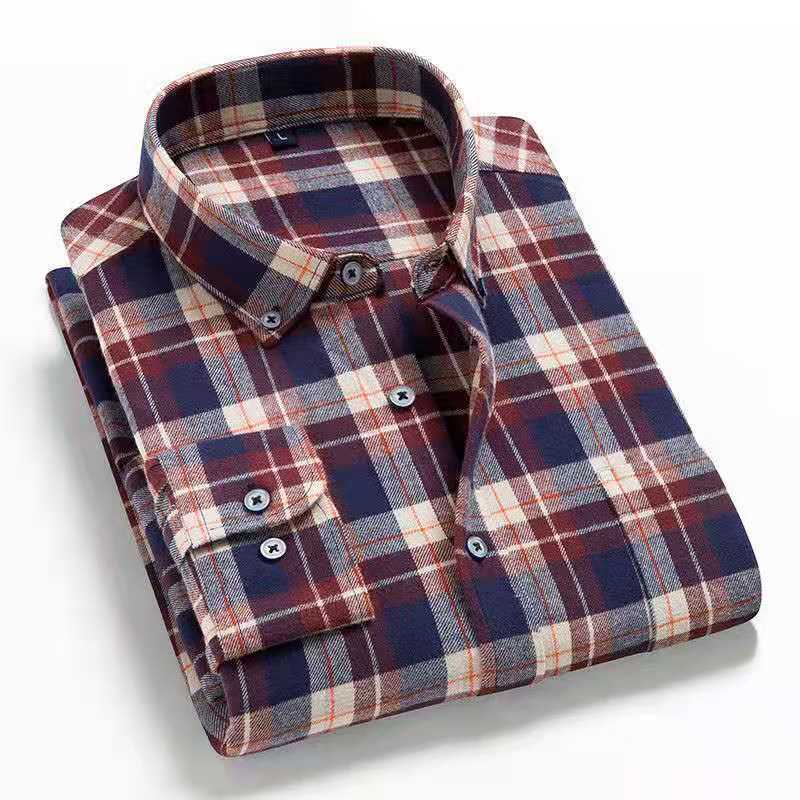 Men's Casual Cotton Brushed Plaid Long-sleeved Shirt