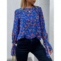 Shirt Women's Short Floral Round Neck Fashion All Matching - Dark Blue - View 1