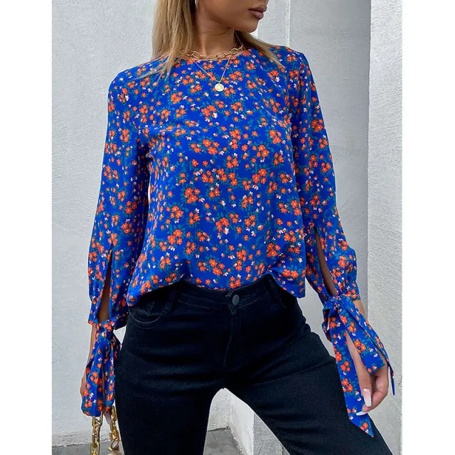 Shirt Women's Short Floral Round Neck Fashion All Matching Blue - Shop at LoveMi