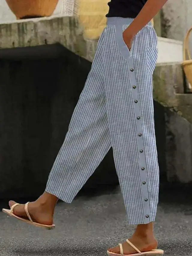 Printed Striped Button binding Elastic Waist Cropped Pants Blue - Shop at LoveMi