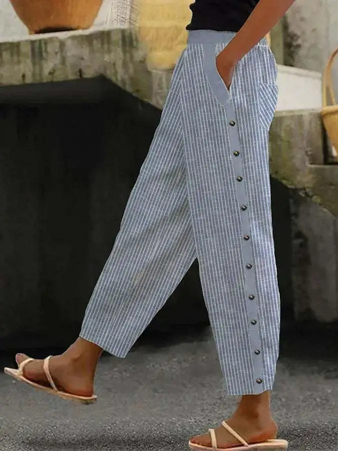Printed Striped Button-binding Elastic Waist Cropped Pants - Blue