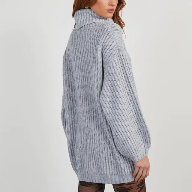 Solid Color Turtleneck Long Sleeve Loose Dress Sweater Gray - Shop at LoveMi