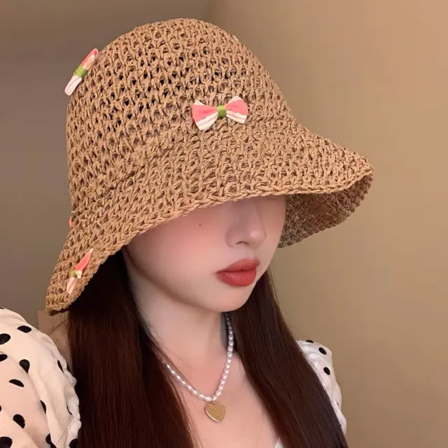 Sweet All matching Woven Straw Hat Female Seaside Sun proof Bucket Hat Bow Diy Khaki - Shop at LoveMi