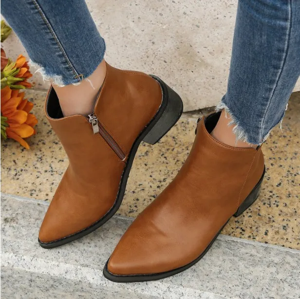 European Goods Elastic Mouth Ankle Boots Pointed Toe Brown - Shop at LoveMi