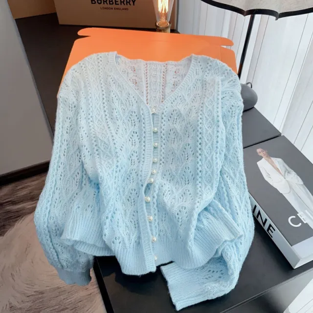 Blue V neck Loose Thin Office Cardigan Coat Top Blue - Shop at LoveMi