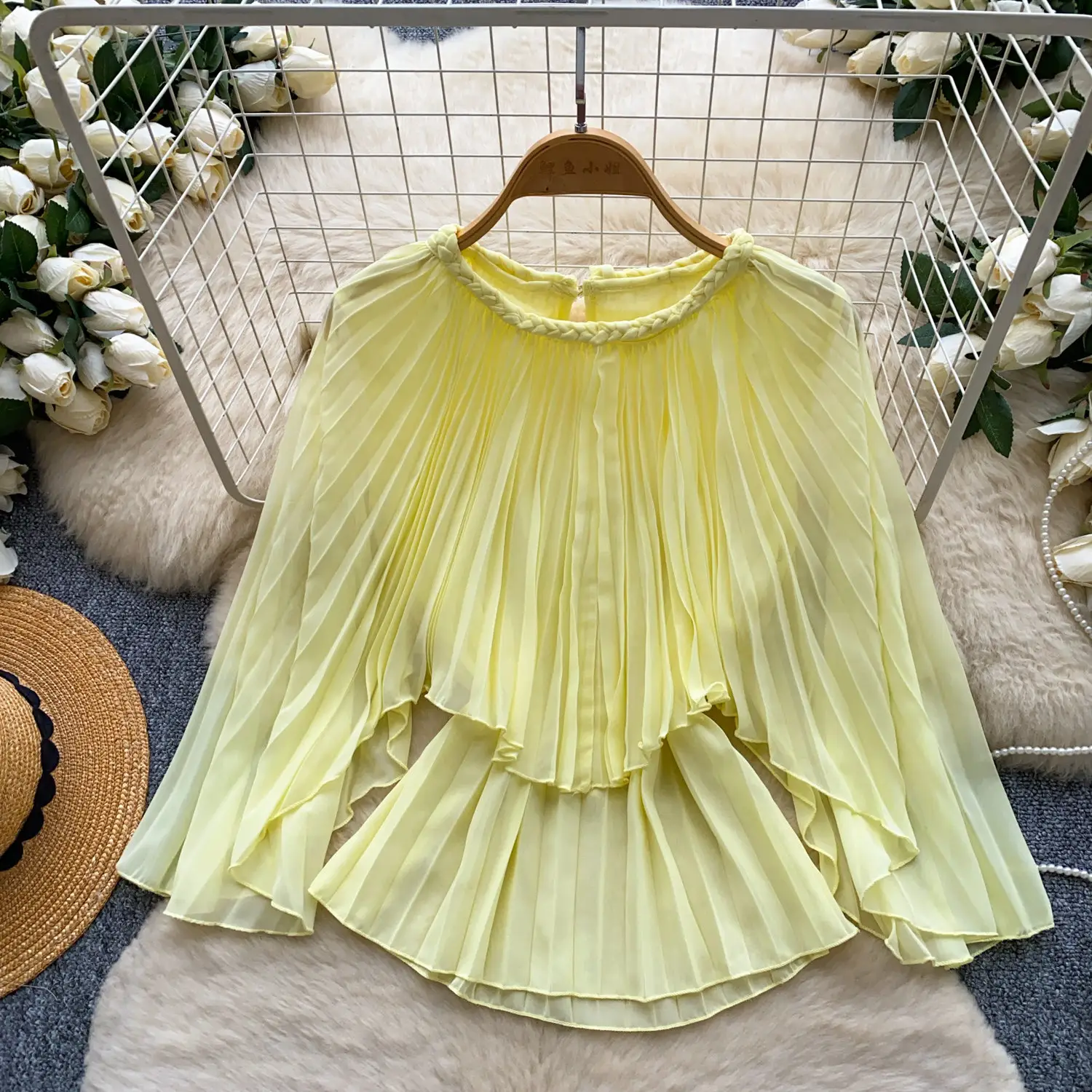 Womens Solid-color Stand-collar Waist-defined Chiffon Blouse
