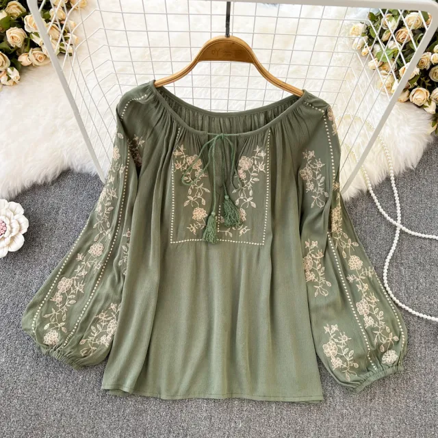 Retro Ethnic Style Temperament Long Sleeve Round Neck Pullover Embroidery Loose Shirt Green - Shop at LoveMi