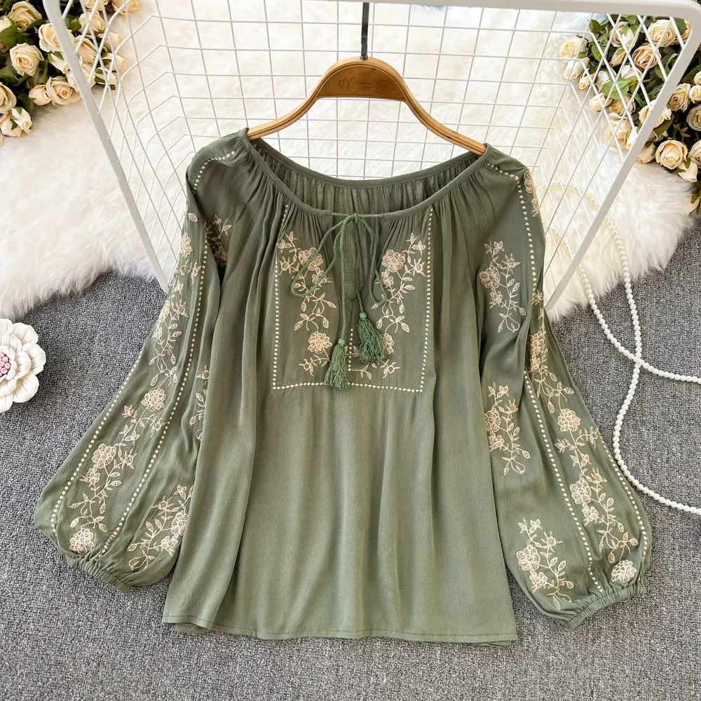 Retro Ethnic Style Temperament Long Sleeve Round Neck Pullover Embroidery Loose Shirt - Green