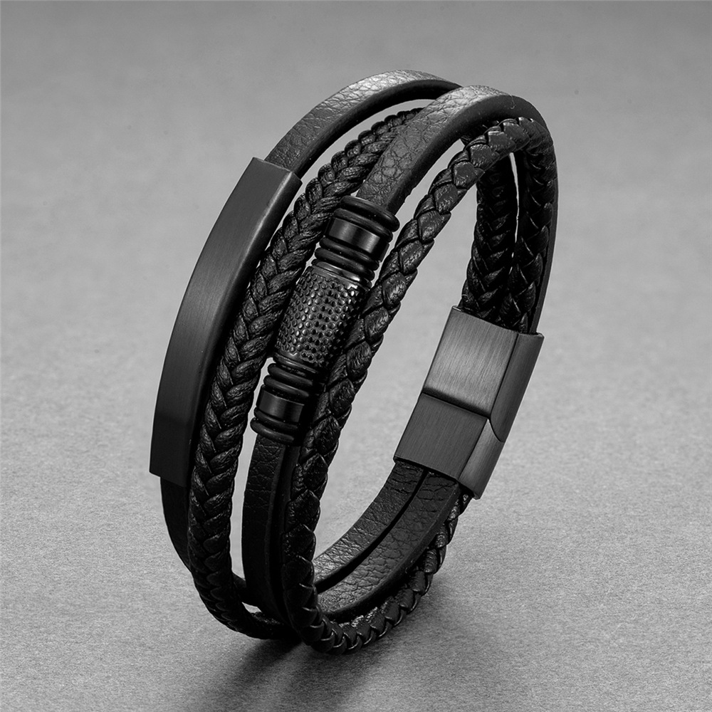 Stainless Steel Beads Men's Multilayer Leather Bracelet
