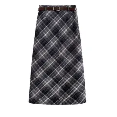 High Waist Mid-length Woolen Plaid Skirt For Women - Black Blue - View 1