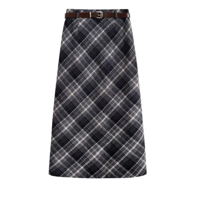 High Waist Mid length Woolen Plaid Skirt For Women Black Blue - Shop at LoveMi