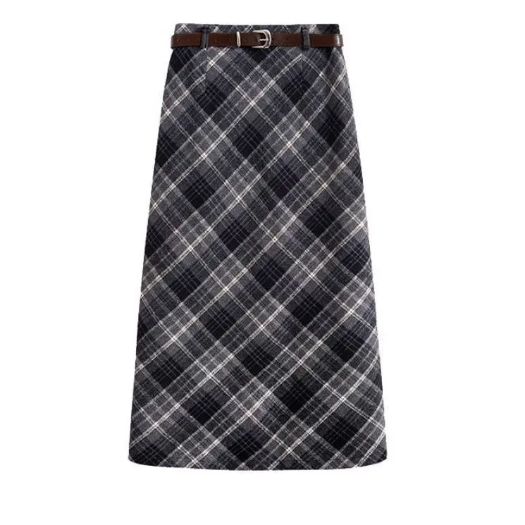 High Waist Mid-length Woolen Plaid Skirt For Women - Black