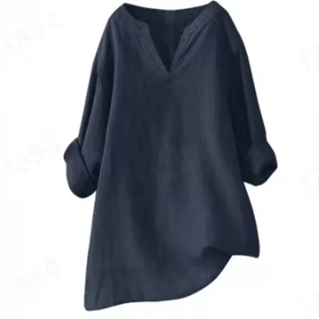 Loose Plus sized Comfortable Solid Color Pullover Cotton And Linen Top For Women Navy - Shop at LoveMi
