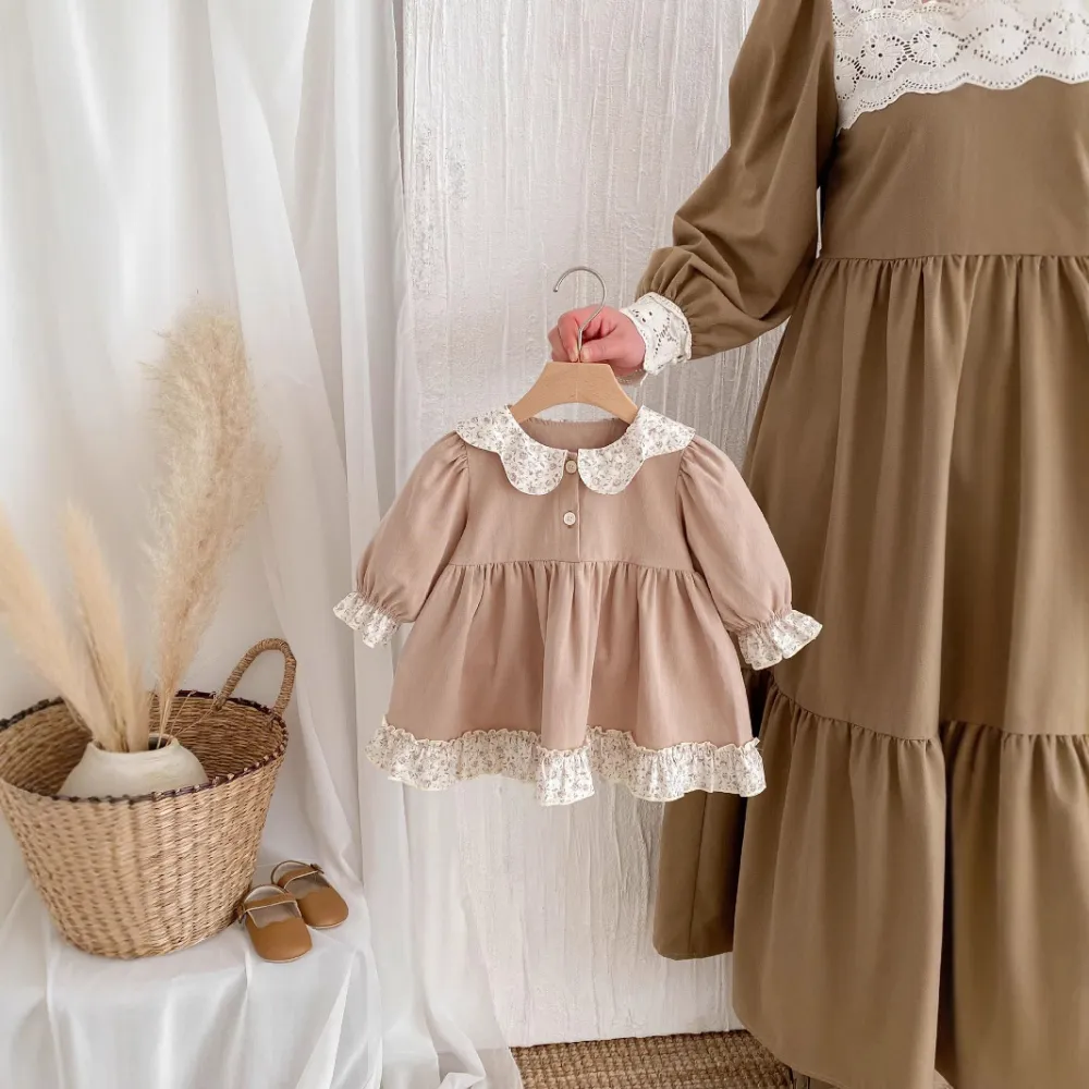 Long Sleeve Floral Lace Lapel Girl Dress