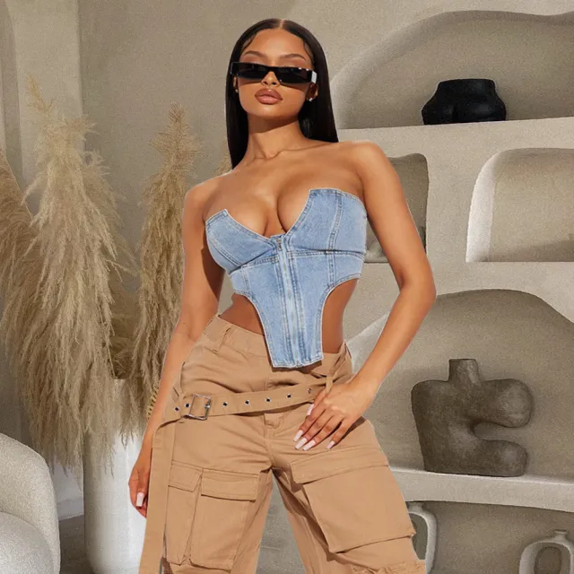 Irregular Zipper Wash Denim Tube Top Blue - Shop at LoveMi