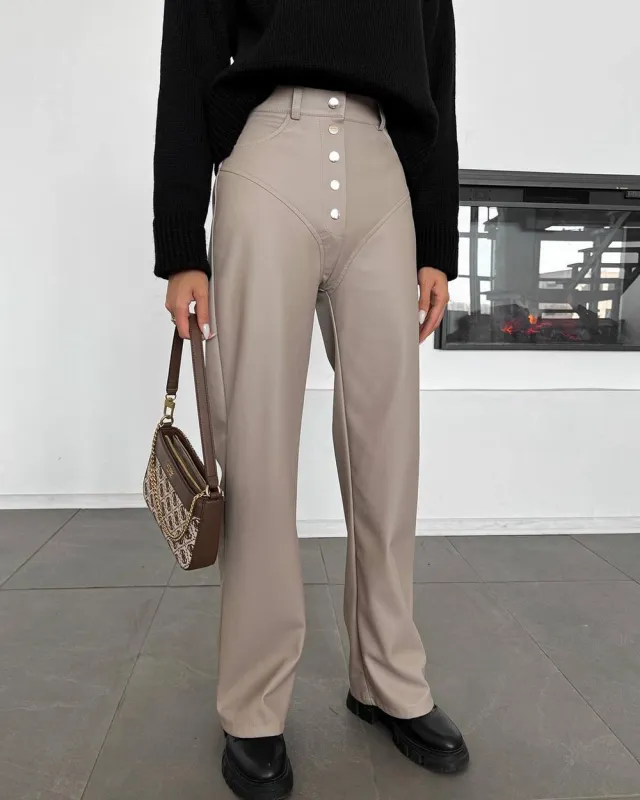 Autumn And Winter High Waist Leather Stitching Length Women's Casual Pants Gray - Shop at LoveMi
