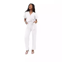 Women's Short-sleeved V-neck Pocket Jumpsuit - White - View 1