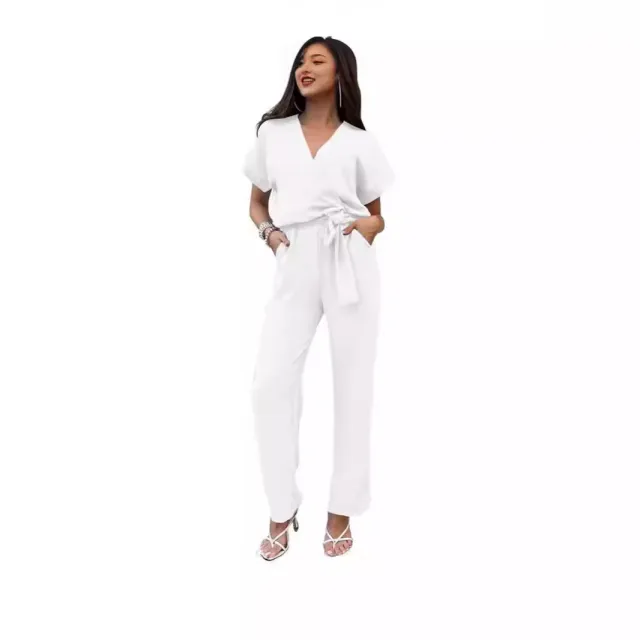 Women's Short sleeved V neck Pocket Jumpsuit White - Shop at LoveMi