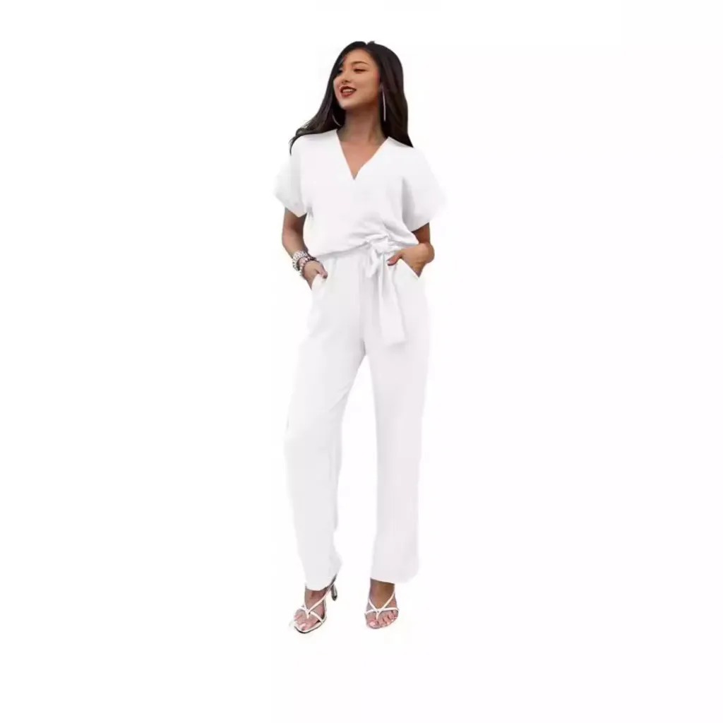 Women's Short-sleeved V-neck Pocket Jumpsuit - White