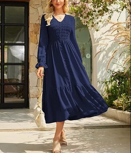 Women's Solid Color Pleated V Neck Flowy Casual Dress Blue - Shop at LoveMi