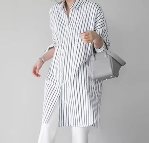 Women's Long Sleeve Loose Casual Irregular Top - Stripes-M
