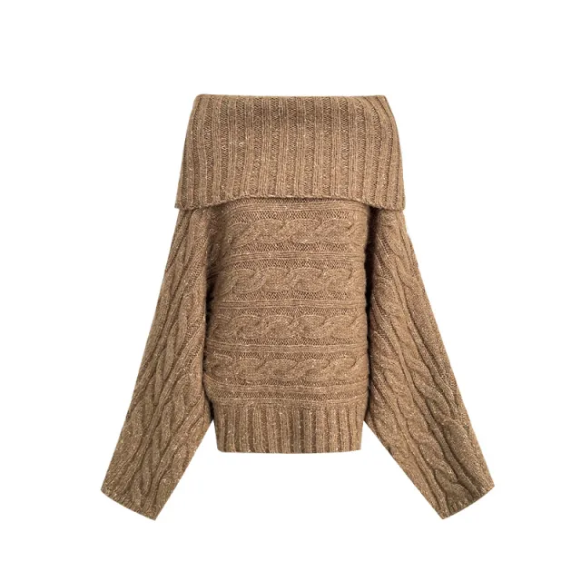 Women's Fashionable Elegant Twisted Off neck Sweater Brown Tea - Shop at LoveMi