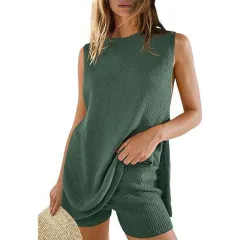 Casual Knitted Sleeveless Knitted Sleeveless Suit - Olive Green - View 1
