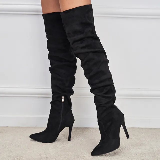 European And American Pointed Toe Suede High Zipper Stiletto Heel Boots Black - Shop at LoveMi