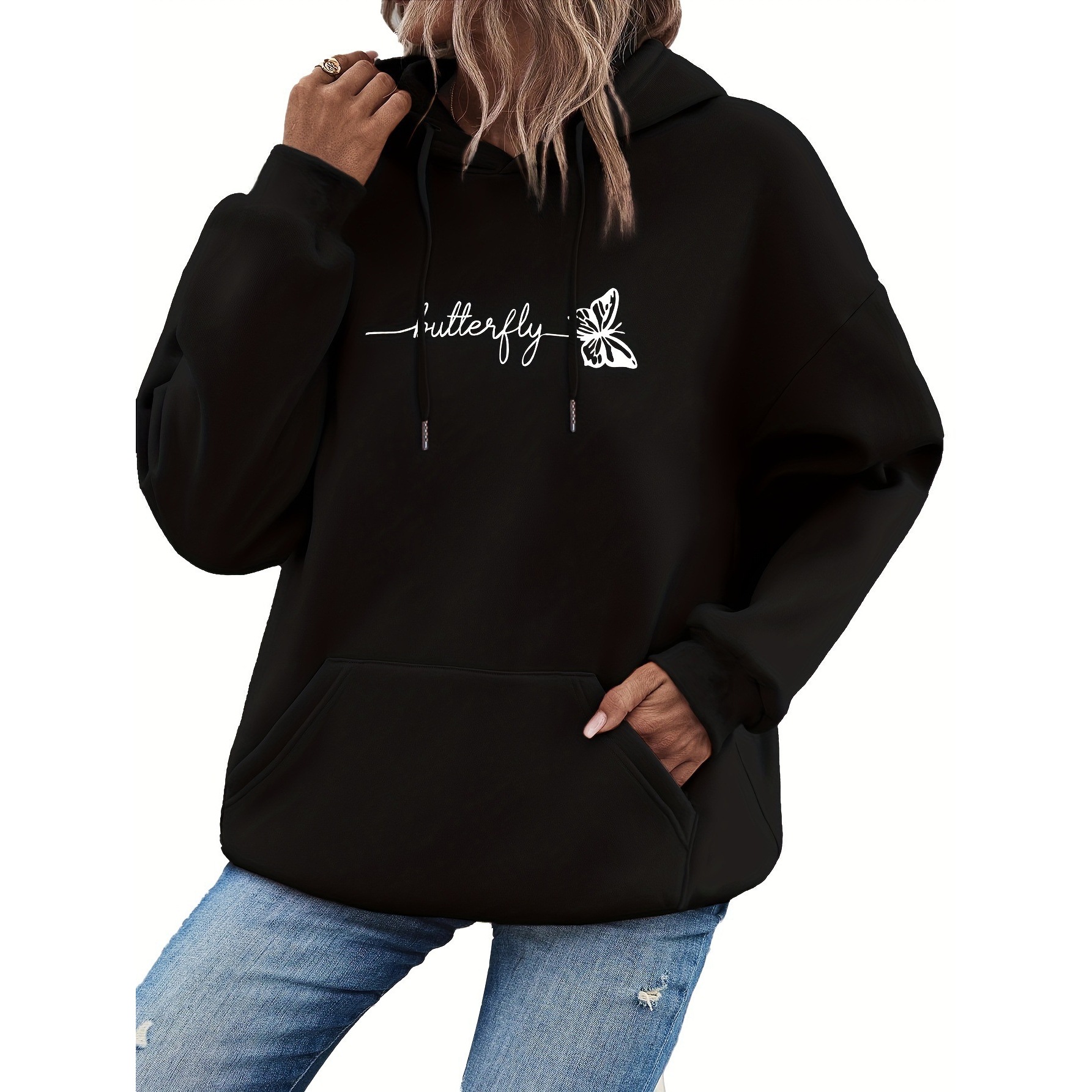 Womens Casual Hoodie With Drawstring And Butterfly Print