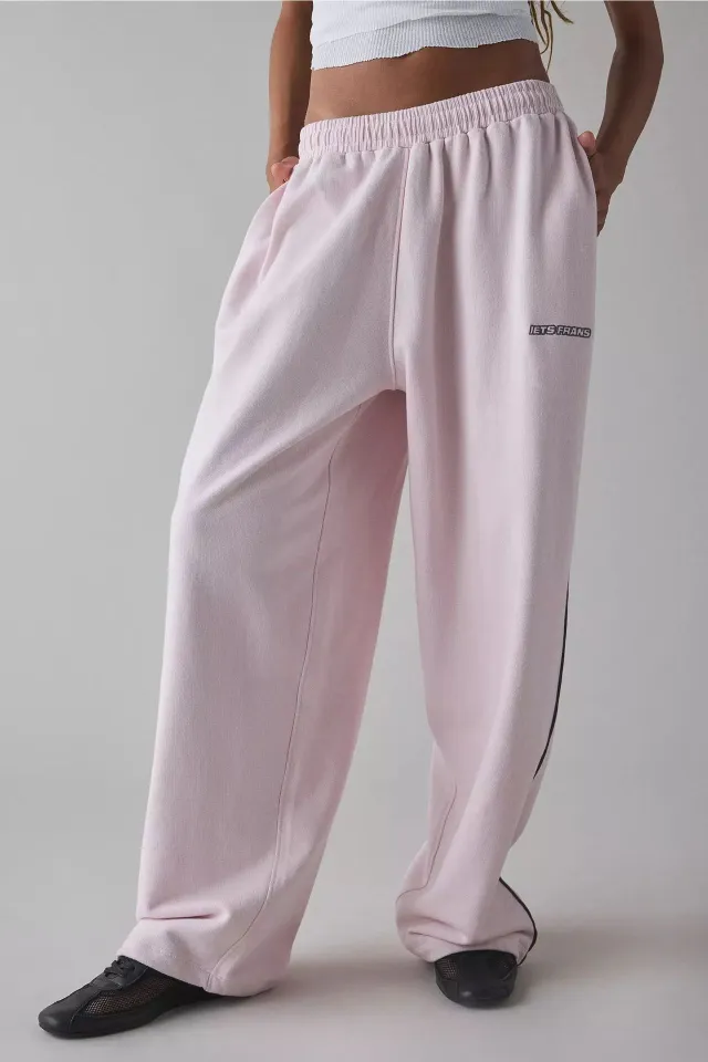 Embroidered Casual Women's Loose Straight Elastic Waist Versatile Pants Pink - Shop at LoveMi