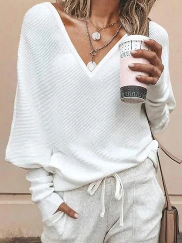 Solid Color And V-neck Batwing Sleeve Long Sleeve T-shirt Top For Women - White