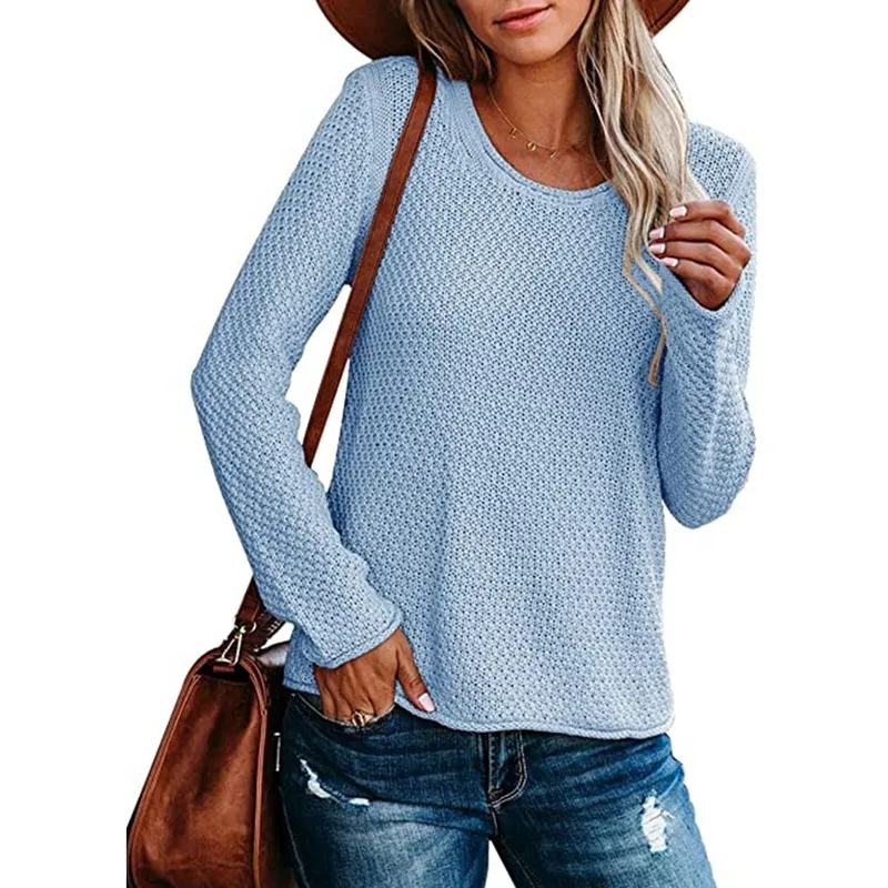 Loose Solid Color Knitted Bottoming Shirt For Women - Blue