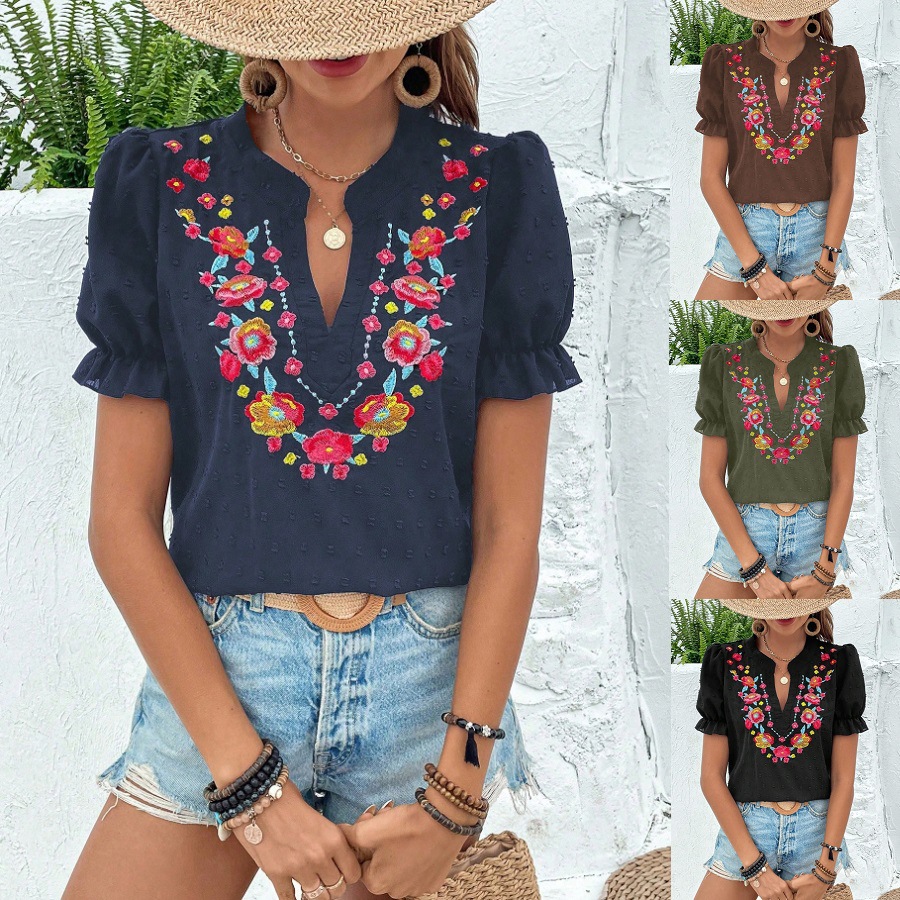 SpringSummer V Neck Floral Embroidery Puff Short Sleeves — image 1