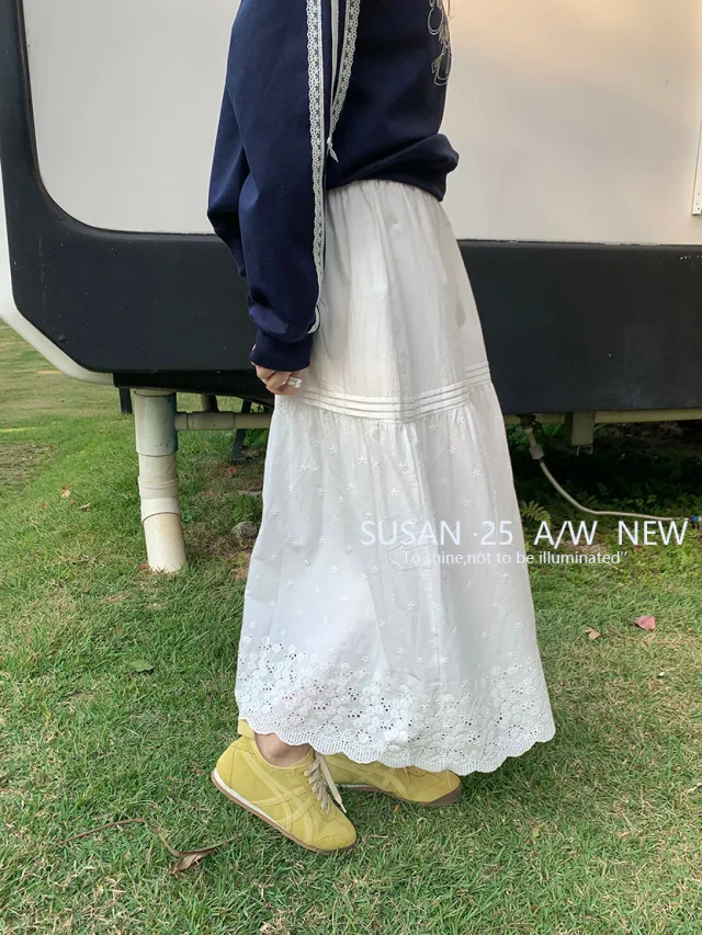 French Flower Embroidery White Summer Elastic Waist All match White - Shop at LoveMi