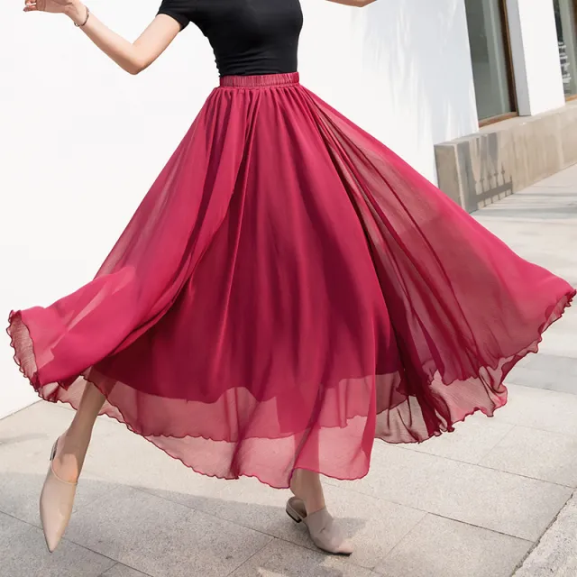 Professional Dance Solid Color High Waist Long Skirt Large Swing Skirt Wine Red - Shop at LoveMi