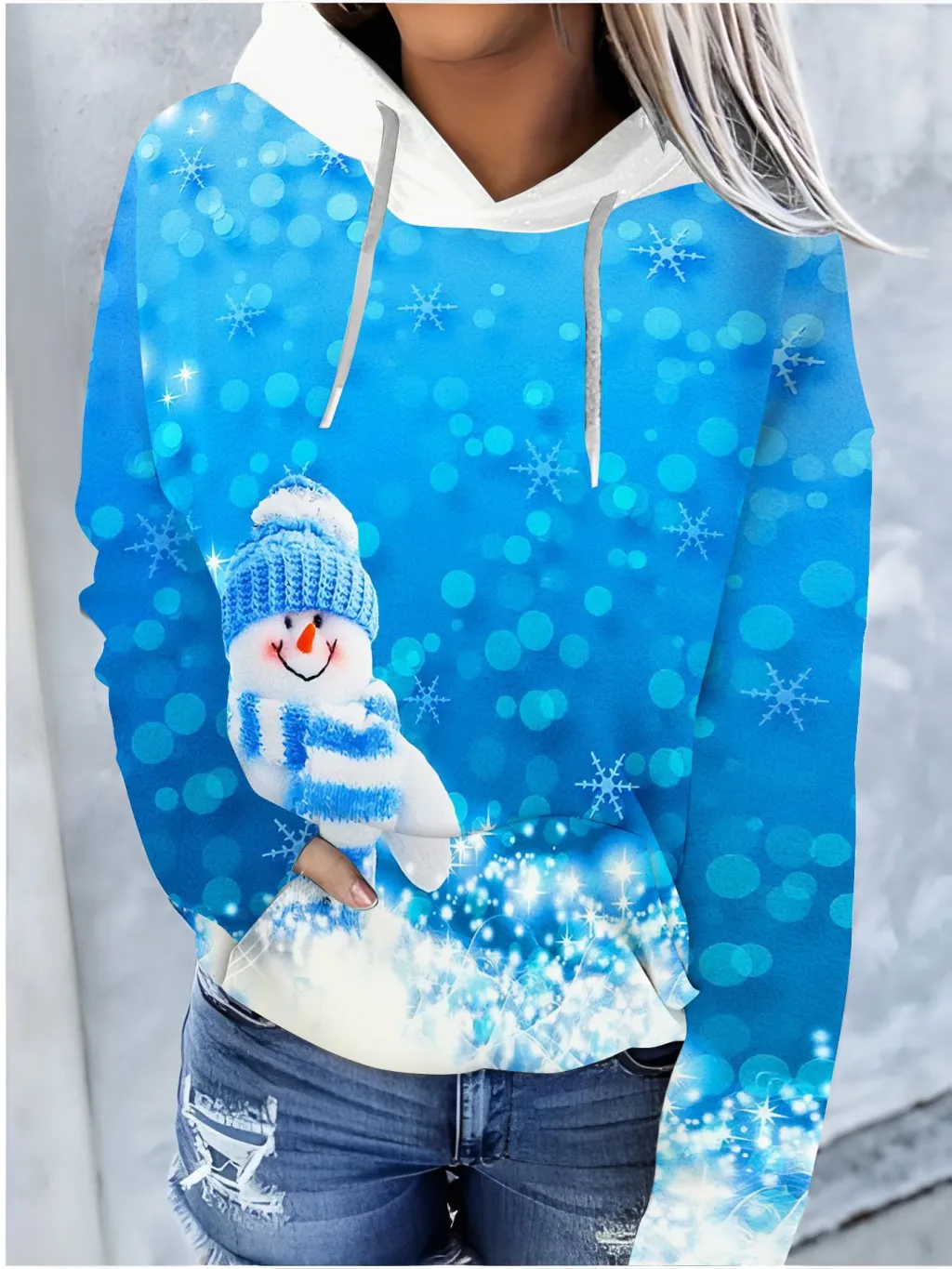 Christmas Color Pattern Printed Drawstring Hooded Sweater - Lbw231104533