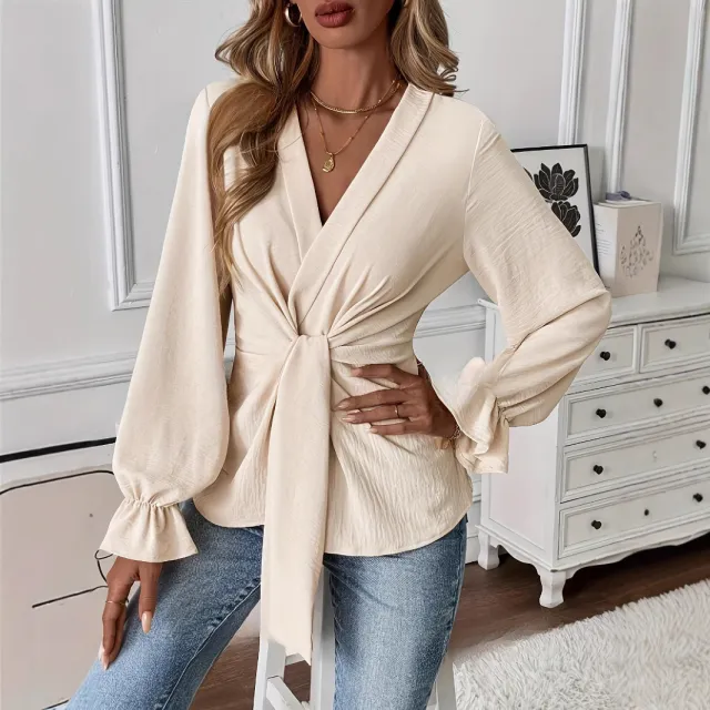 Women's Solid Color Elegant V neck Long Sleeve Shirt Top Apricot - Shop at LoveMi