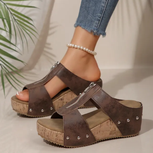 Women's Platform Plus Size Peep Toe Wedge Slippers Brown - Shop at LoveMi