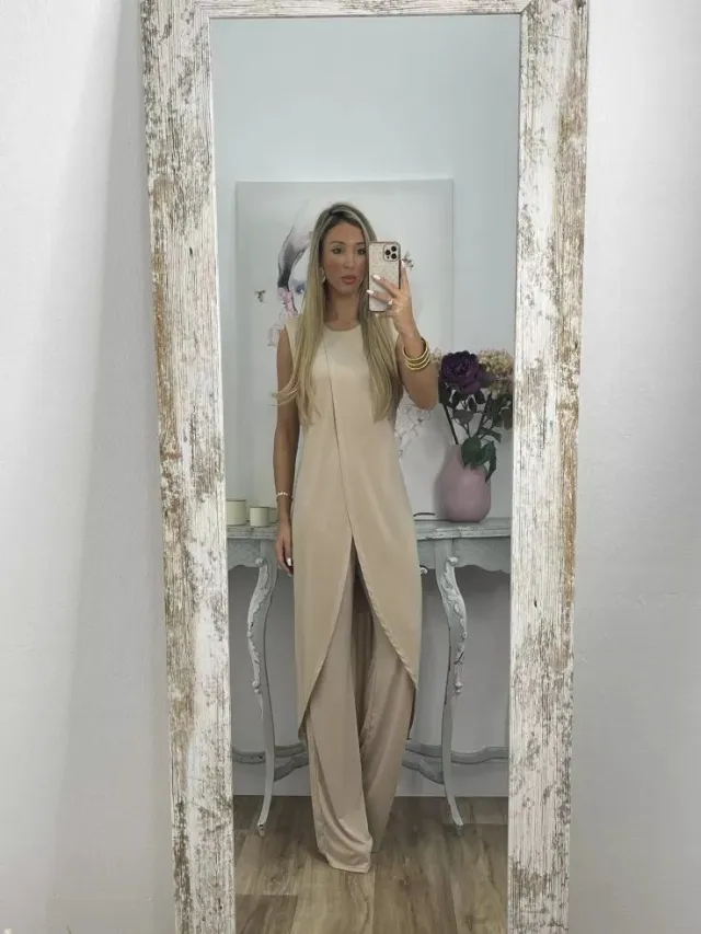 Casual Sleeveless Loose Round Neck Pants Two piece Set Apricot - Shop at LoveMi
