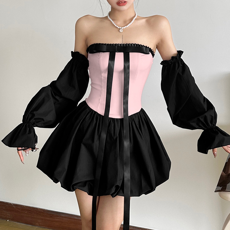 Contrast Color Fashion Hot Girl Bow Tube Top Cinched Waist Bud Skirt Dress