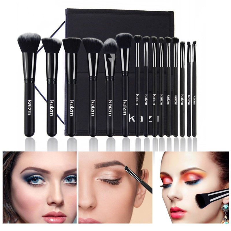 15 Makeup Brushes Set Black Cosmetic Brush Full Set 15 Pieces Set Black - Shop at LoveMi
